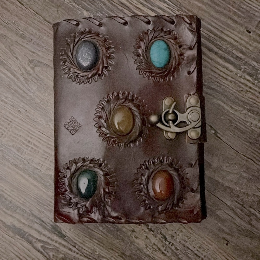 NEW 100% Leather hand crafted journal, stones, unique Chakra Midevil Embossed